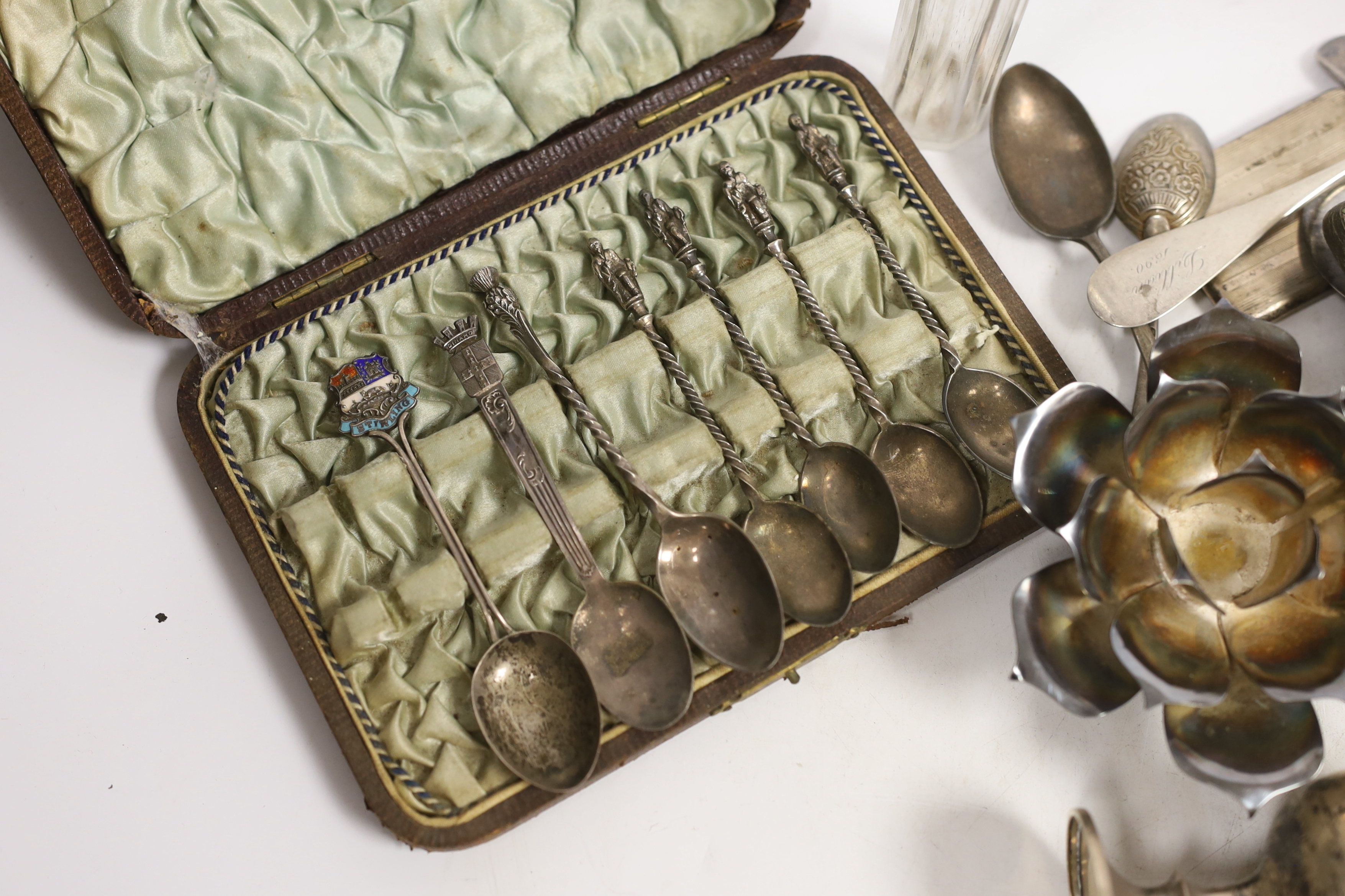 Sundry small silver and sterling items including teaspoons, hanging basket, goblet, miniature photograph frame, etc.